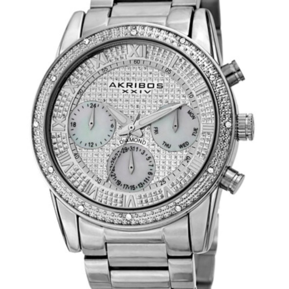 AKRIBOS XXIV Men's Diamond Date Silver-Tone Watch